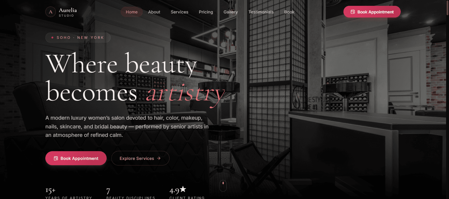 Aurelia Studio luxury salon website homepage