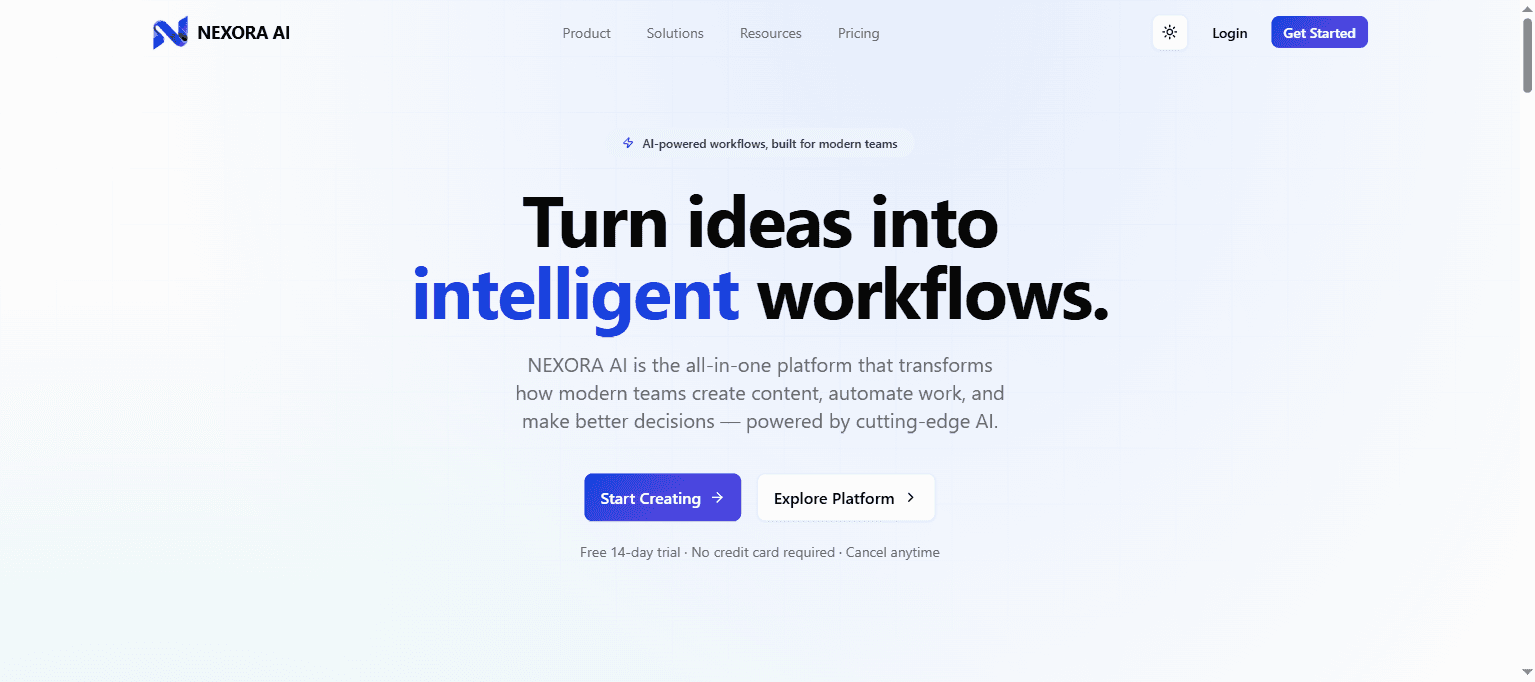Nexora AI platform homepage